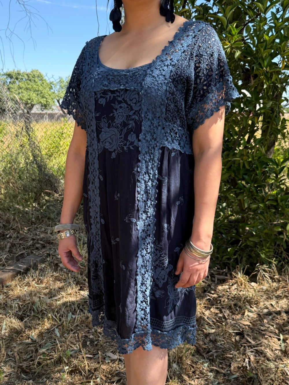 Johnny Was Dusty Blue Heavily Embroidered Crochet Shift Dress with slip XL
